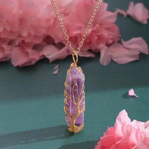 Healing Crystal Necklace Tree Of Life Wire Wrapped Natural Stone Point Pendant